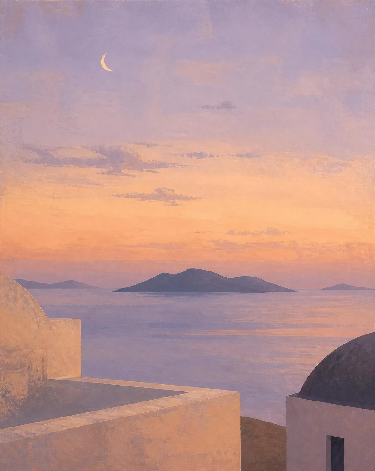Painted terrace overlooking a calm sea horizon